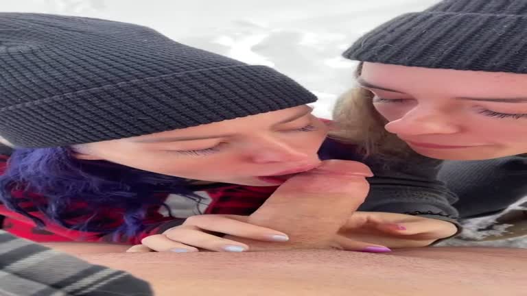 Hot Teens Double Blowjob In The Snow Outside